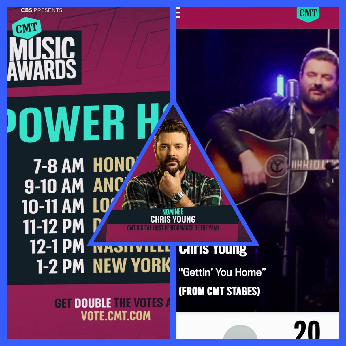 AimeeSueArnel's tweet photo. Hey, y’all amazing @ChrisYoungMusic fans! POWER HOUR is here! Time to vote for CY for Digital-First Performance of the Year-“Gettin’ You Home” The award would really mean a lot to Chris Young💙#GettinYouHome was CY’s first number 1 of his phenomenal career!https://t.co/6kgw4fFeva https://t.co/jo8yCt2mR1
