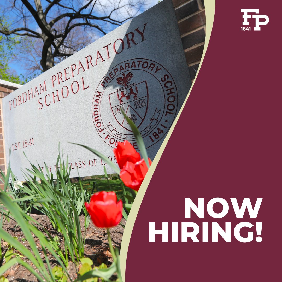 FordhamPrep's tweet photo. Fordham Prep is hiring for various teaching, administrative, and non-faculty positions! Apply or share this post with someone you believe would be a good fit. ๐
Details available at https://t.co/VQJkT1KNo5
#AMDG
#nowhiring
#fordhamprep
#jesuitschools https://t.co/jbRvz1dBpt