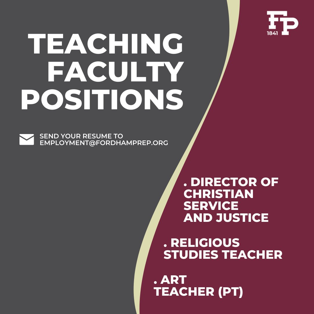 FordhamPrep's tweet photo. Fordham Prep is hiring for various teaching, administrative, and non-faculty positions! Apply or share this post with someone you believe would be a good fit. ๐
Details available at https://t.co/VQJkT1KNo5
#AMDG
#nowhiring
#fordhamprep
#jesuitschools https://t.co/jbRvz1dBpt