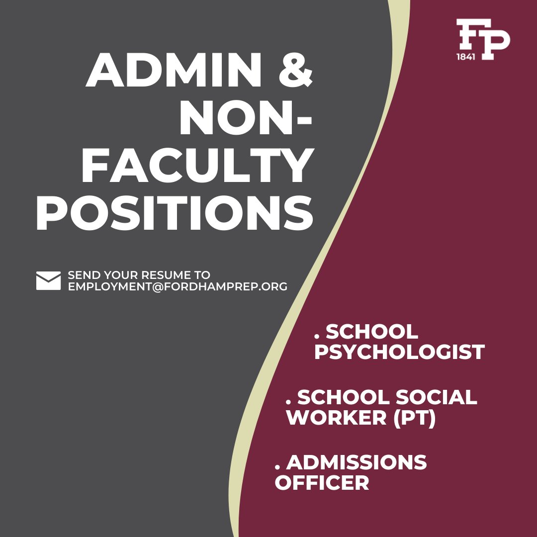 FordhamPrep's tweet photo. Fordham Prep is hiring for various teaching, administrative, and non-faculty positions! Apply or share this post with someone you believe would be a good fit. ๐
Details available at https://t.co/VQJkT1KNo5
#AMDG
#nowhiring
#fordhamprep
#jesuitschools https://t.co/jbRvz1dBpt