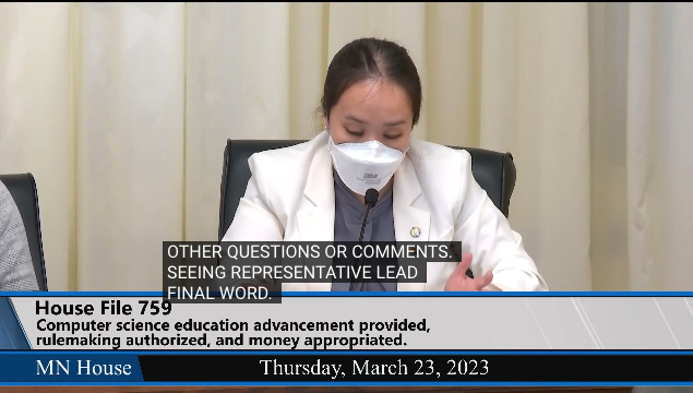 Three cheers for another successful hearing for MN house file 759. Great job <a href="/jennifer_rosato/">Jennifer Rosato</a>, <a href="/LizLeeMN/">Liz Lee, Rep for MN HD 67A (she/hers)</a>, Tess Campion, &amp; Hannah Weissman. <a href="/CSforAllMN/">CSforAllMN</a> <a href="/ECEP_CS/">ECEP</a>  #csforall <a href="/CSTA_MN/">CSTA MN</a> <a href="/codeorg/">Code.org</a> <a href="/mntechassoc/">Minnesota Technology Association</a> <a href="/PLTWorg/">Project Lead The Way</a> <a href="/SciMathMN/">SciMathMN</a>