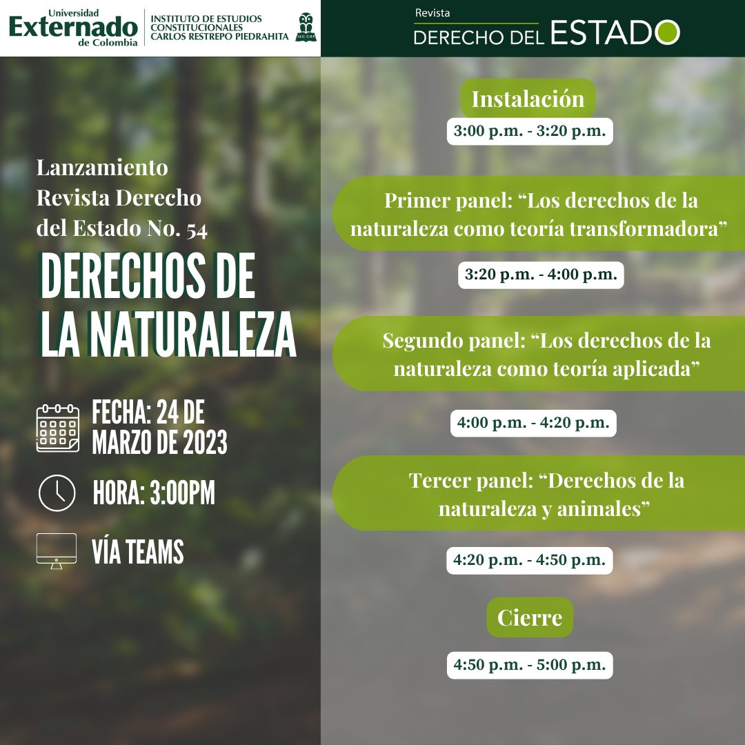 revista_estado's tweet photo. 📢 #RDE ¡ES MAÑANA!
La Revista Derecho del Estado y el Instituto de estudios Constitucionales Carlos Restrepo Piedrahita les invitan a participar en Lanzamiento del No. 54 "Derechos de la Naturaleza"🍃 Más información y link de conexión en: https://t.co/ag60NZoVUP
¡Les esperamos! https://t.co/gLWjjj0C9p