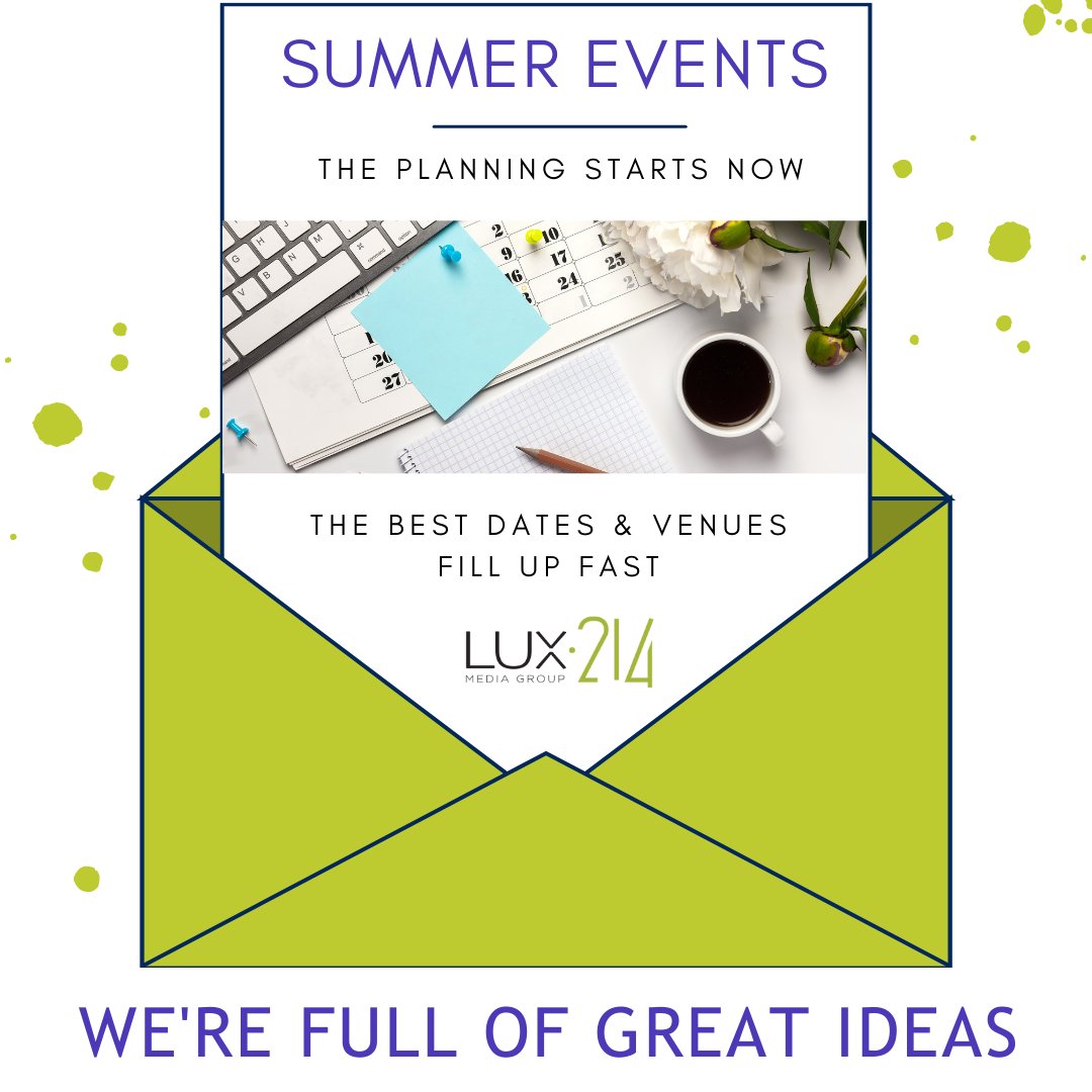 Lux214Media's tweet photo. 3 thing to complete this week to keep your summer marketing event plans on track. 1-Finalize the date 2- Book the venue 3-Complete guest list! @MissLoriBarber @DonnaRTanner https://t.co/KEYaQtaq10