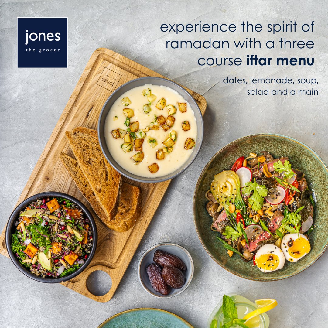 Experience the spirit of Ramadan with our fast & feast offer, a three-course iftar menu 🌙 Fast-breaker with soup, salad and a main. 💙

Reserve now through The Chefz App. 🤩
bit.ly/3JY67CD

#jonesthegrocersa #RiyadhCalendar #RamlaTerraza #Ramadan