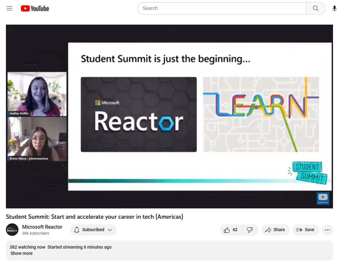 Our hosts Hadley and <a href="/BrennaNieva/">Brenn Nieva™</a> doing an ahh-mazing job breaking down all that is available for #students and #earlycareer at <a href="/MSFTReactor/">Microsoft Reactor</a> and <a href="/MicrosoftLearn/">Microsoft Learn</a>! 🤩 #MSFTStudentSummit 

youtube.com/live/8BReQIhQz…