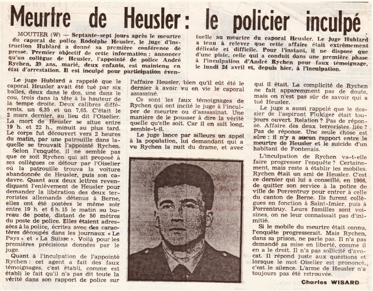 ArnaudBedat's tweet photo. Dernier acteur des fameuses années de braise dans le Jura suisse, l'ancien policier André Rychen, 84 ans, condamné en 1981 à la réclusion à vie pour le meurtre de son collègue Rudolph Heusler en 1978, vient de partir ce matin en emportant ces derniers mystères... #Porrentruy https://t.co/W8jDDLSOVz