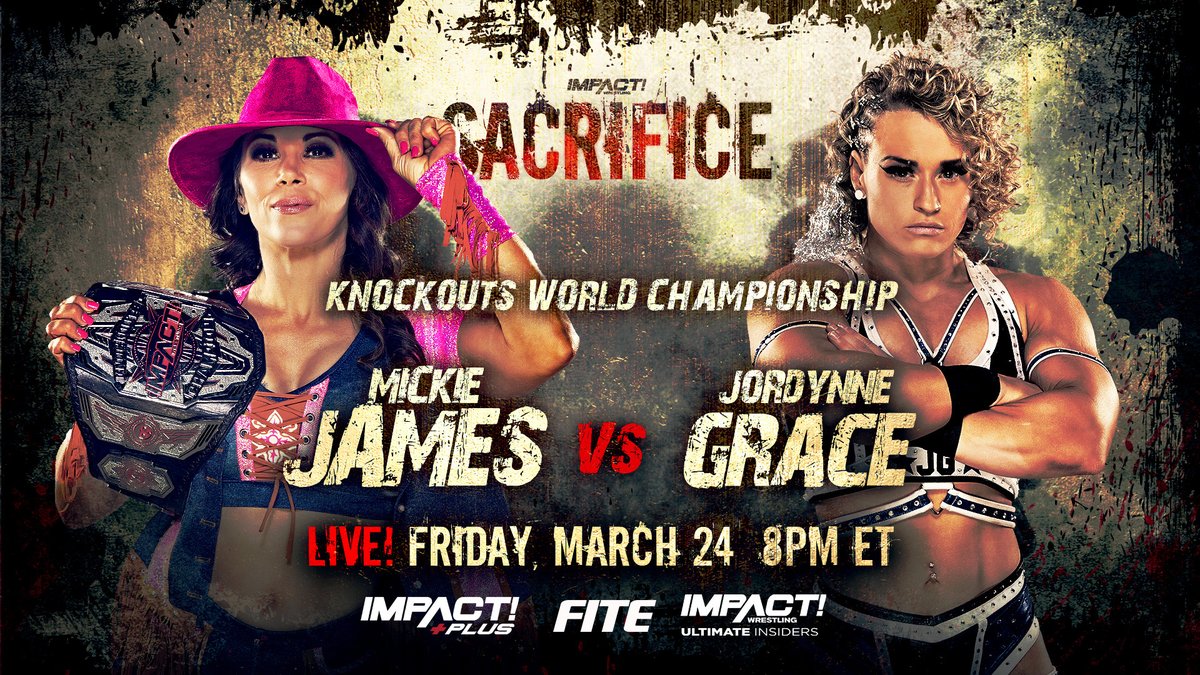 Triller_TV's tweet photo. 🔙Will the former champ reclaim the gold? 

👑By exercising her rematch clause, @JordynneGrace will challenge @MickieJames for the @IMPACTWRESTLING Knockouts World Title TOMORROW NIGHT.

#Sacrifice is SOLD OUT but you can watch live on #FITE.

🔗 https://t.co/4n7rVMEAto https://t.co/GxxCqDaC7v