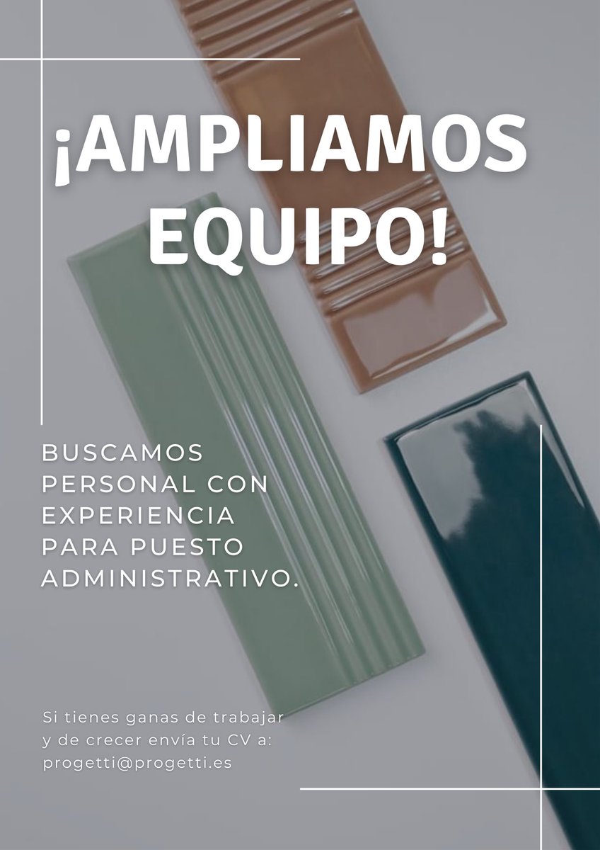 Progettivlnc's tweet photo. Queremos incorporar a nuestro equipo una persona con experiencia de al menos 1 año en administración, gestión de compras y control de stock. Valoraremos favorablemente conocimientos en diseño, idiomas y atención al cliente. Si eres una persona dinámica y creativa envíanos tu CV. https://t.co/jpQY8efYQF
