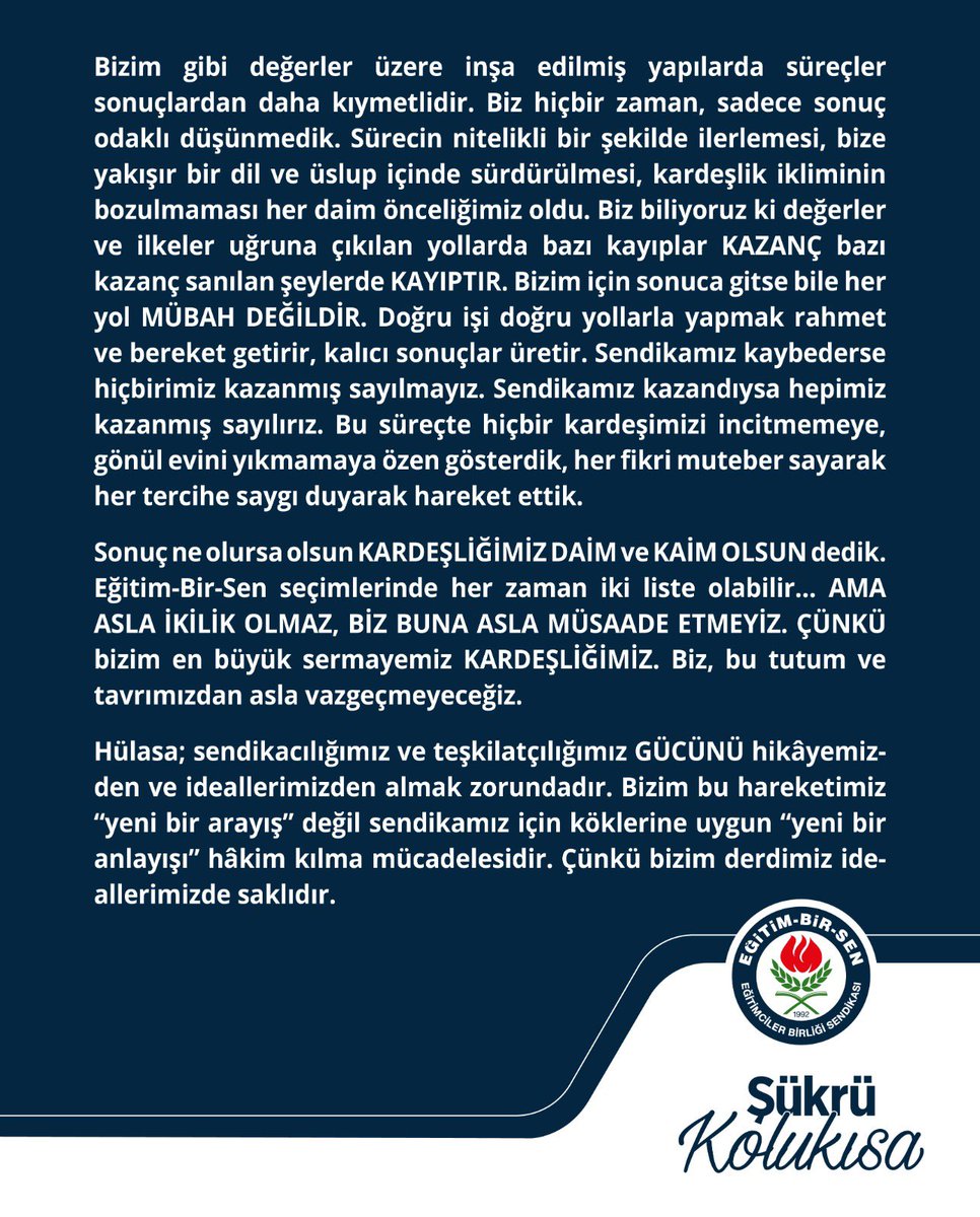 sukru_kolukisa's tweet photo. 7️⃣. Olağan Genel Kurulumuzun sendikamızın tarihine, teamüllerine uygun şekilde icra edilmesi,
kardeşlik iklimi içerisinde gerçekleştirilmesi için emek veren tüm kardeşlerime yürekten teşekkür ediyorum. 

Yeni seçilen yönetim kurulumuza  başarılar diliyorum. 

📝⤵️ https://t.co/2jWEgOZ6wx