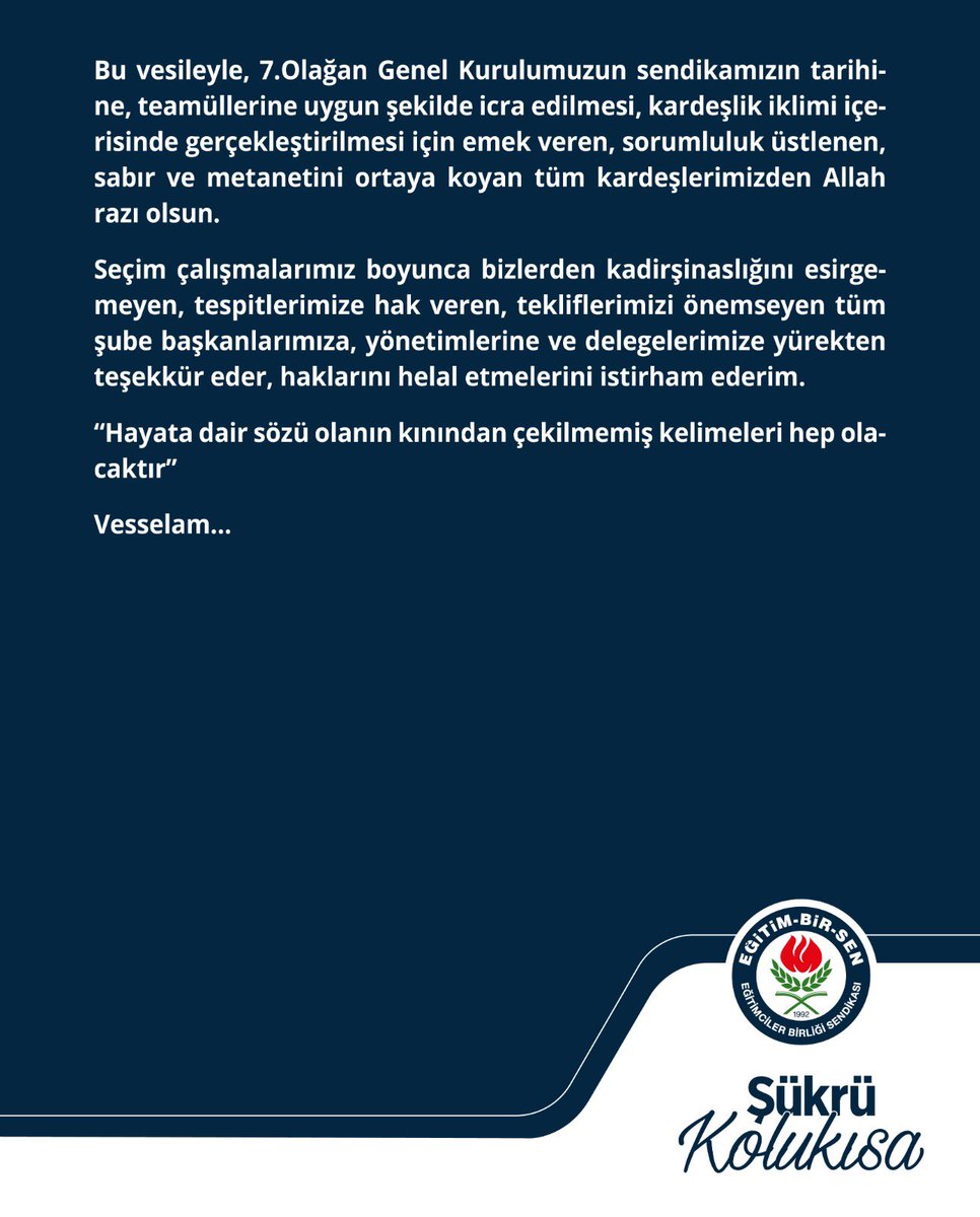 7️⃣. Olağan Genel Kurulumuzun sendikamızın tarihine, teamüllerine uygun şekilde icra edilmesi, kardeşlik iklimi içerisinde gerçekleştirilmesi için emek veren tüm kardeşlerime yürekten teşekkür ediyorum. Yeni seçilen yönetim kurulumuza başarılar diliyorum. 📝⤵️