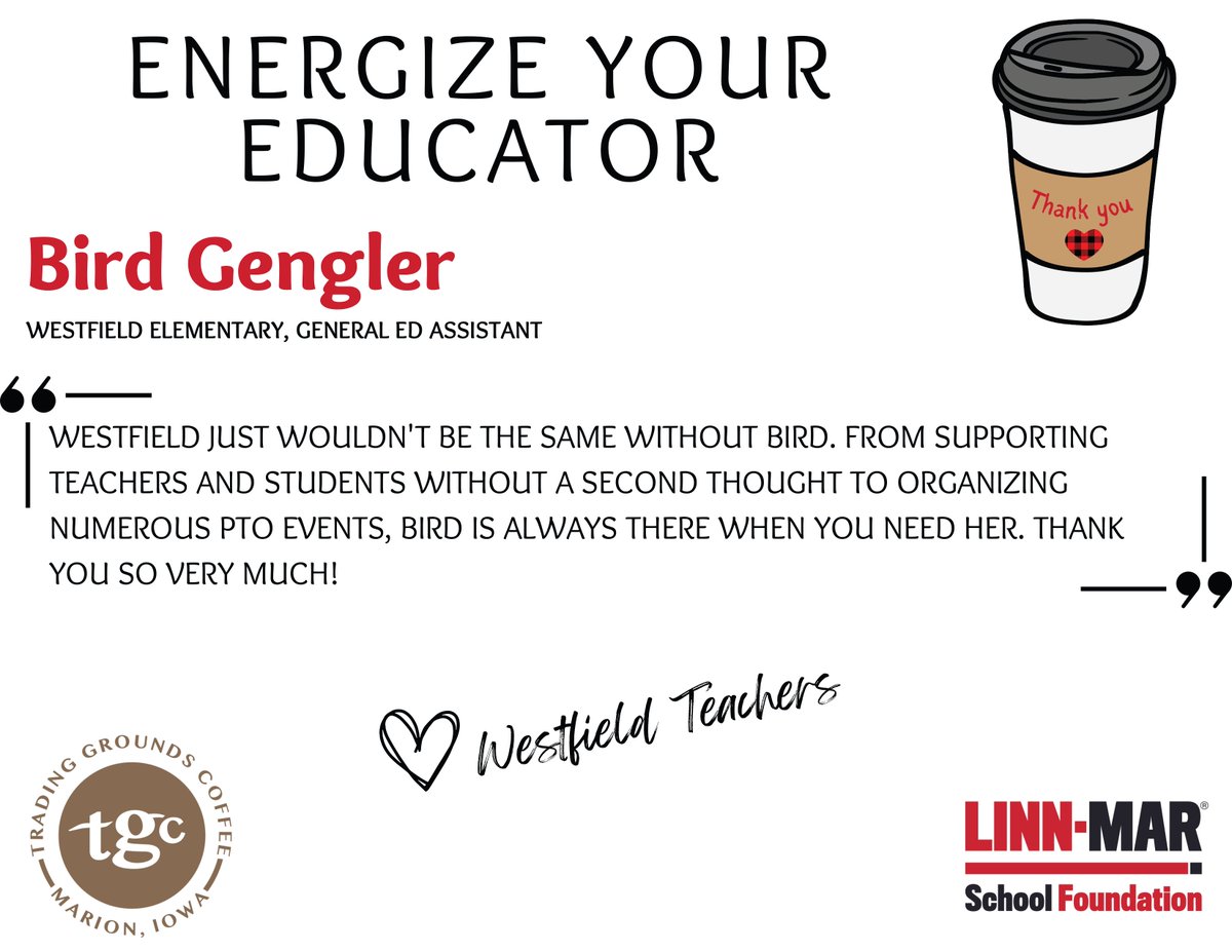 ENERGIZE YOUR EDUCATOR ☕ Congratulations, and thank you❤️🖤

Bird Gengler - Westfield Elementary - General Ed Assistant

Sponsored by Trading Grounds