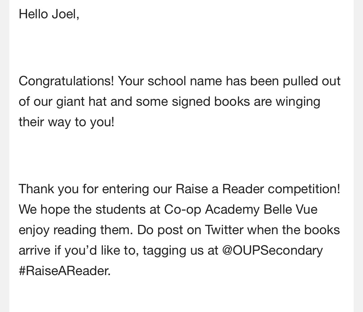 Absolutely over the moon to have won some signed books for @coopbellevue. Our students are going to absolutely love reading them (as is @DrMBoyd). Thank you @OUPSecondary #RaiseAReader