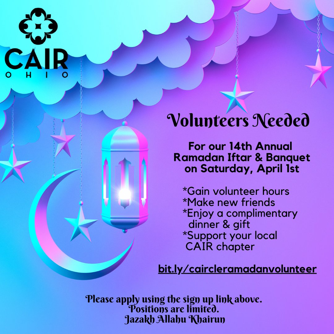 CAIRCleveland's tweet photo. Sign up to volunteer at our 14th Annual Ramadan Iftar &amp; Benefit on Saturday, April 1, 2023. https://t.co/i07DrLYeVX https://t.co/xQE0vP6Qxo