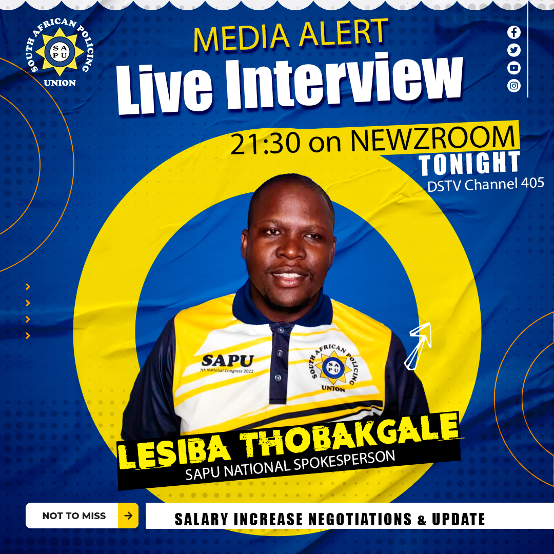 wearesapu's tweet photo. #SAPU Spokesperson will be on NewzRoom Africa tonight at 21:30, question at hand and will give some clarity from you the members is the Salary Increase 23/24.
DON'T MISS, WATCH TONIGHT @Newzroom405
#SAPUCARES
#protecttheprotector https://t.co/k8SDaNkFL3