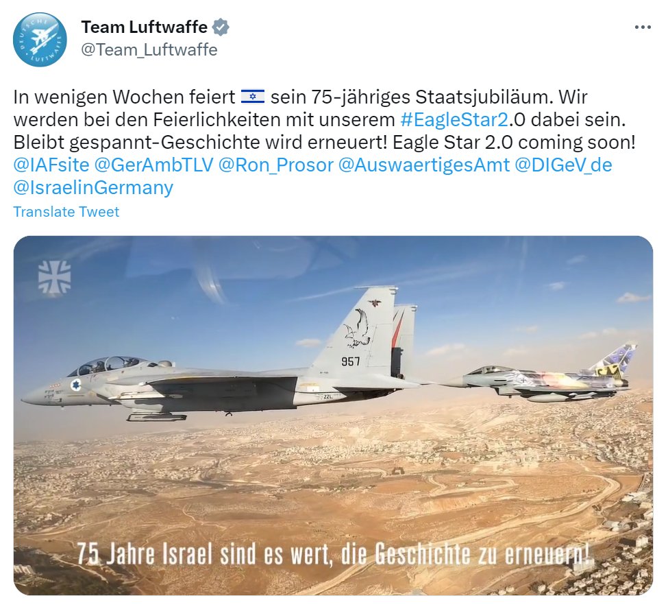 ForensicArchi's tweet photo. As the far-right Israeli government continues its illegal annexation of the West Bank, Germany’s @team_luftwaffe announced its participation in official celebrations of Israel’s 75th anniversary - the Palestinian Nakba - tweeting a video of German + Israeli jets flying together https://t.co/rde5VWddeE