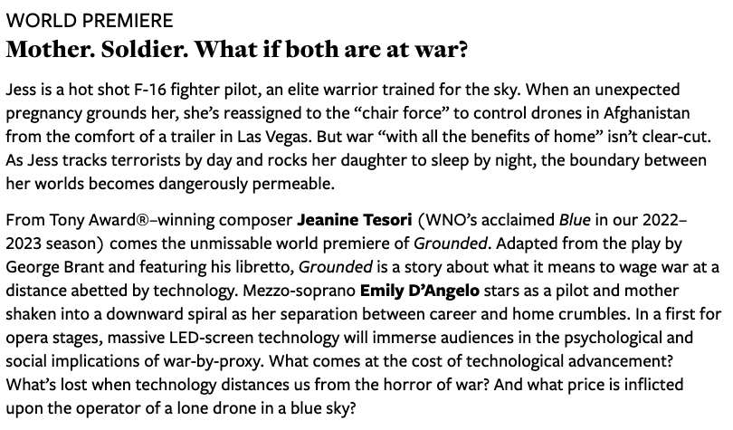 schlockawepod's tweet photo. General Dynamics is sponsoring an opera about a drone pilot at the Kennedy Center. You can't make this shit up. https://t.co/c8IH0rmWjE https://t.co/NlOxuA0pMx
