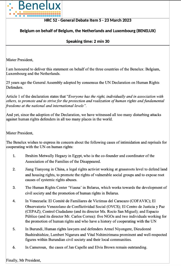 OFFGocm's tweet photo. Kudos to @BelgiumUN @NLinGeneva @LuxembourgUN for raising cases of #reprisals against human rights defenders for cooperating with the #UN
#Egypt 🇪🇬
#China 🇨🇳
#Belarus 🇧🇾
#Venezuela 🇻🇪
#Burundi 🇧🇮
#Cameroon 🇨🇲 (case @OFFGocm )
#EndReprisals
https://t.co/jCcUDOYTTz
👉👉 https://t.co/HVqvd8dhcO