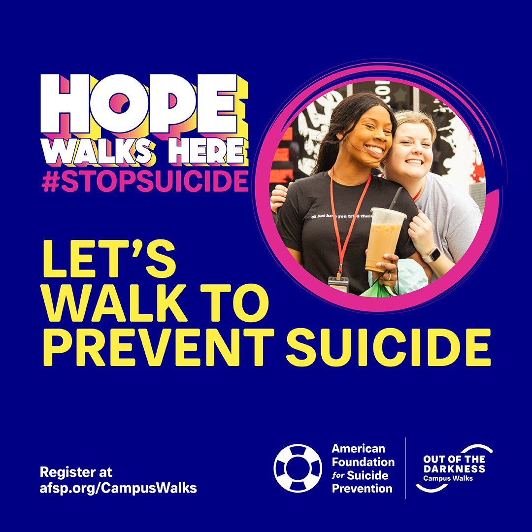 Help prevent suicide! 💙

Join us on high school and college campuses across the country to change the conversation and a create a world without suicide: afsp.org/CampusWalks