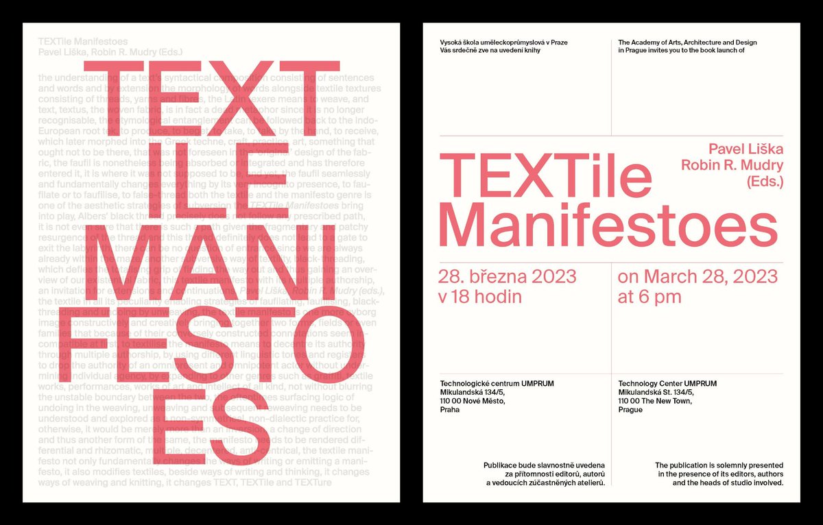 We would like to cordially invite you to join us for the book launch of the TEXTile Manifestoes anthology!
Date: March 28, 2023
Time: 6 pm CET
Place: Mikulandská Street 134/5, 110 00 New Town, Prague
#TEXTileManifestoes