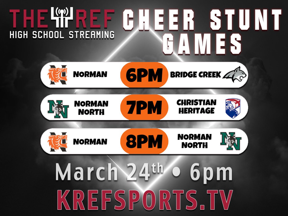 KREFsportsTV's tweet photo. Special broadcast tomorrow night as we  get to broadcast Cheer STUNT games from @NHS_AthDept. Our coverage starts at 6 p.m. Full broadcast schedule below. @NNcheerleading 

📺: https://t.co/MyB4QXsLn7 https://t.co/o8YQ8jCllr