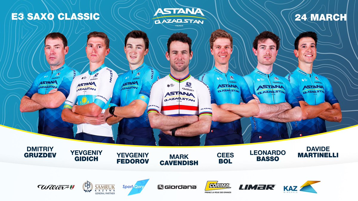 XDSAstanaTeam's tweet photo. 🇧🇪 ROSTER: @E3SaxoClassic 

@MarkCavendish 
Cees Bol
Yevgeniy Fedorov 
@GidichYevgeniy 
Leonardo Basso
Dmitriy Gruzdev 
@Davide_Marti93 

#E3SaxoClassic #AstanaQazaqstanTeam
 
📷 @SprintCycling https://t.co/bRUSTdDzqX