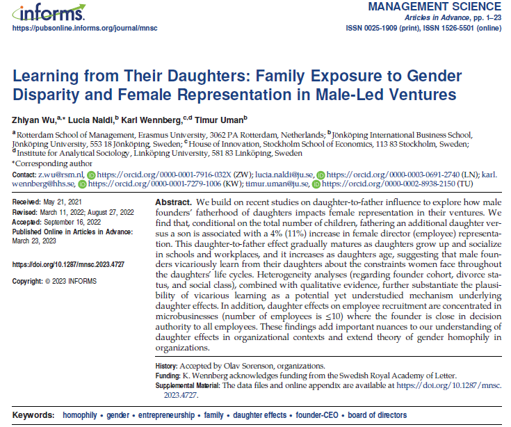 Zhiyan_Wu's tweet photo. How can we nudge men’s gender egalitarianism in hiring decisions? Read our paper "Learning from Their Daughters: Family Exposure to Gender Disparity and Female Representation in Male-Led Ventures" (with @KarlWennberg1, Lucia, @TimurUman) to find out! https://t.co/RAZgHRzA7A 1/8 https://t.co/sVkpzZkoK2