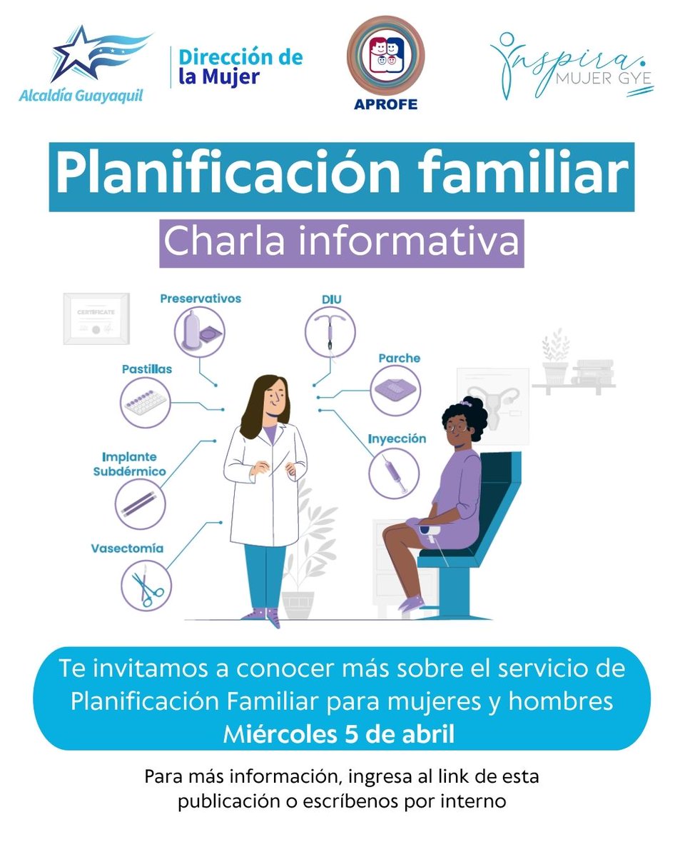La Dirección de la Mujer <a href="/inspiramujergye/">Inspira Mujer GYE</a> de la <a href="/alcaldiagye/">Muy Ilustre Municipalidad de Guayaquil</a> y Aprofe  te invitan a participar de la charla informativa del Servicio de Planificación Familiar 👨‍👩‍👦.

Para más información, ingresa al siguiente link:
 forms.gle/PvQ8sWfSXpFqbh…