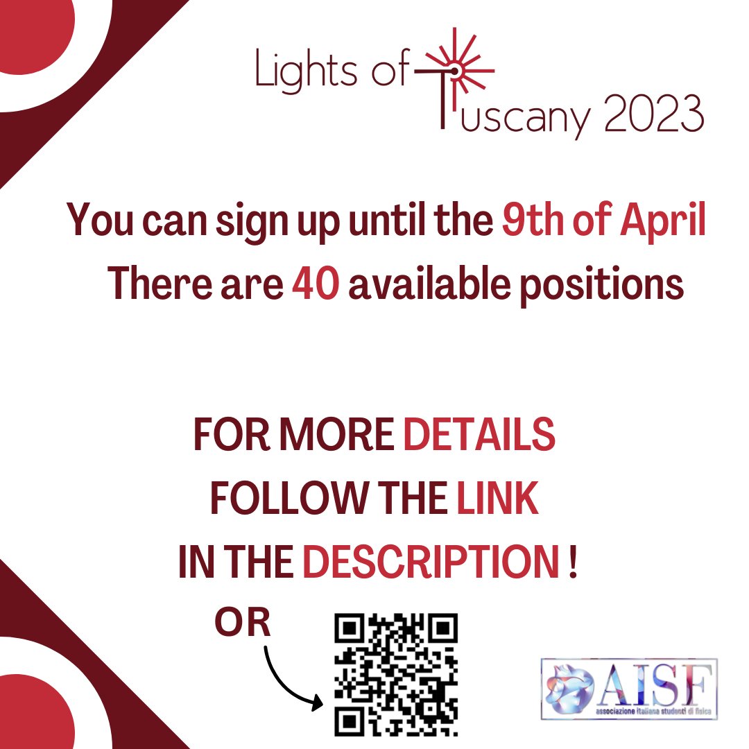 [Ligths of Tuscany 2023][Italy 🇮🇹]

AISF-pisa  and AISF Florence are happy to announce that from the 28th of April to the 2nd of May 2023 Lights of Tuscany will be ready to welcome you once more! <a href="/aisf_fisica/">aisf_fisica</a>
