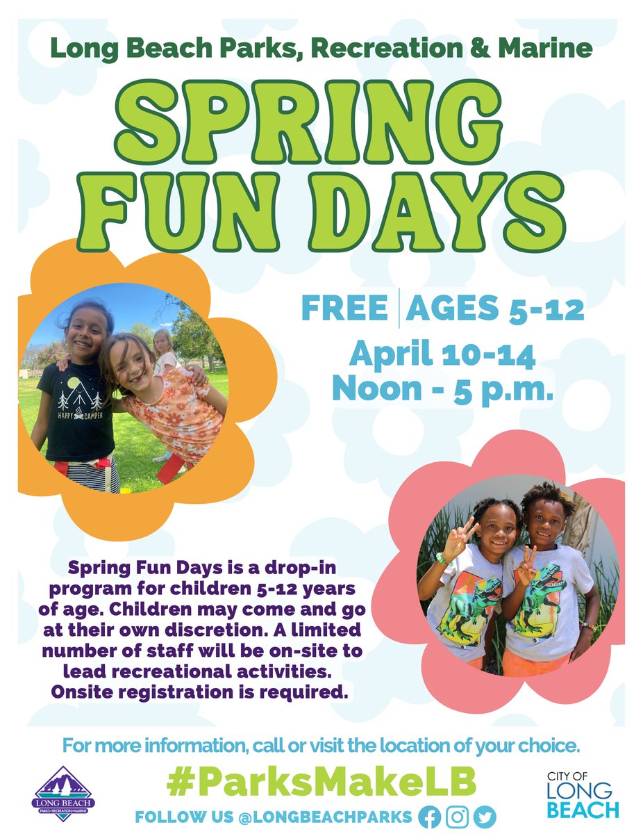 LongBeachCity's tweet photo. Our @LongBeachParks will offer its free youth recreation program, 🌸Spring Fun Days, at various parks throughout Long Beach during the upcoming school spring break, taking place Monday, April 10 through Friday, April 14.

Learn more. ℹ️ https://t.co/jQwl8WtZ9S https://t.co/SSPKhkNmT4