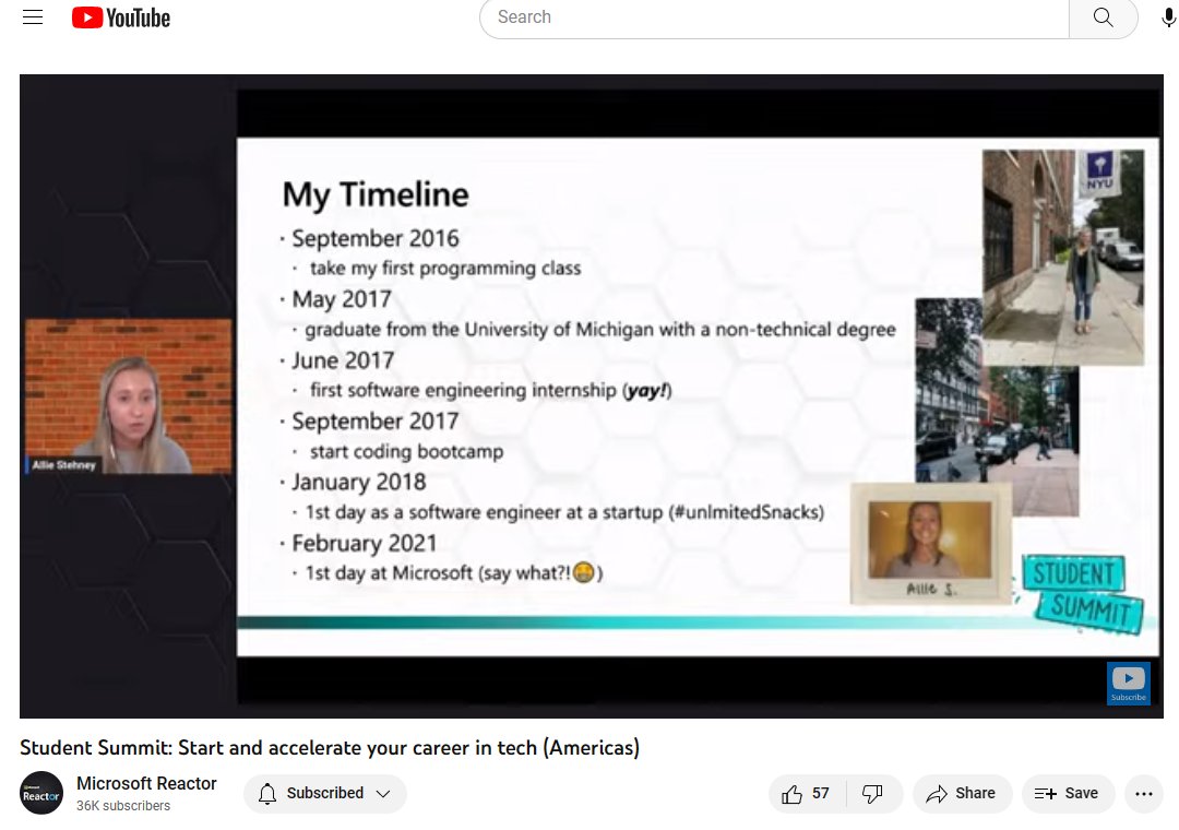 Love <a href="/allie_stehney/">Allie Stehney</a>'s journey to #tech and #SoftwareEngineering! Super inspiring and encouraging to us, that we can always refactor what we are doing to find our passion 💖 #MSFTStudentSummit

youtube.com/live/8BReQIhQz…