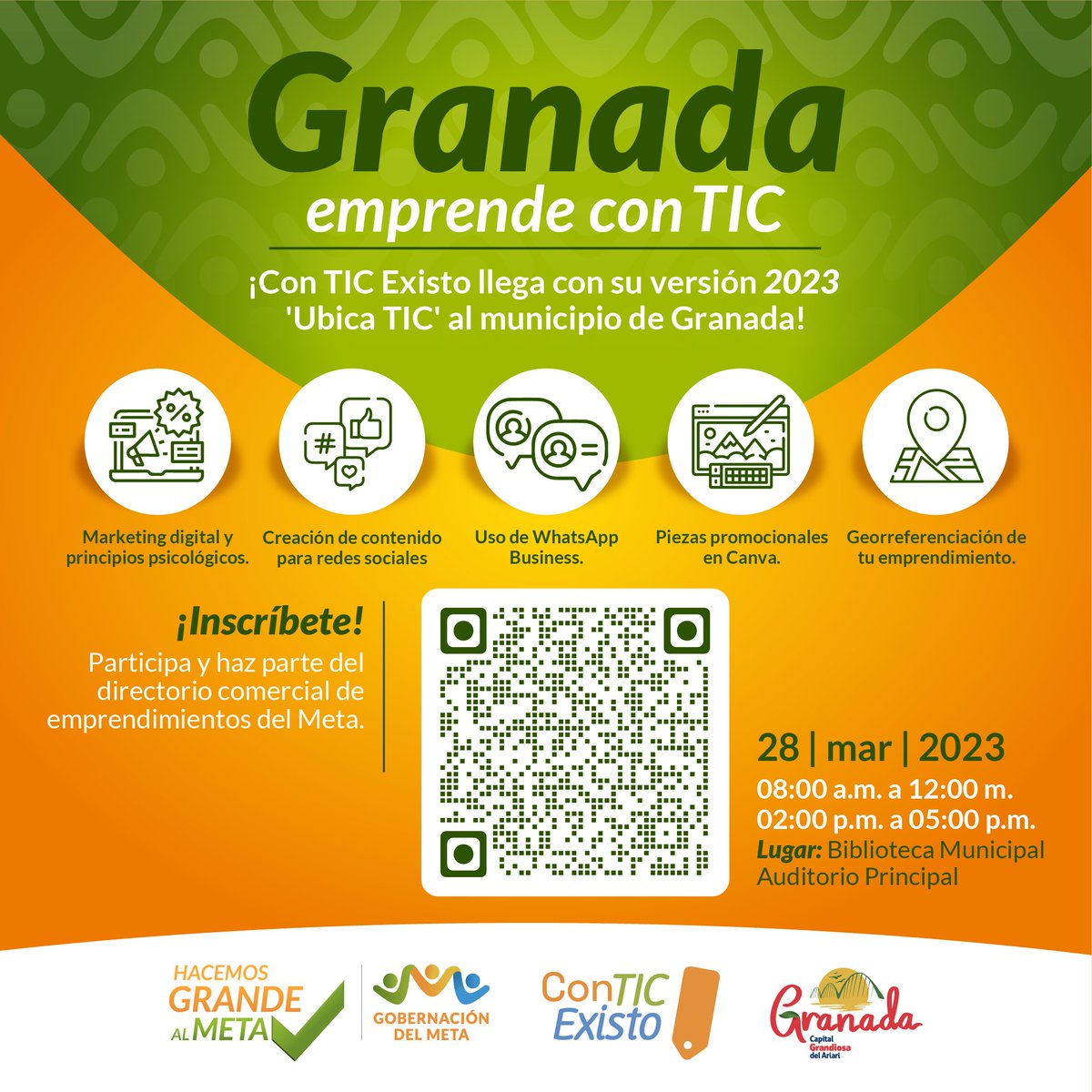 GobMeta's tweet photo. Con el objetivo de fortalecer las capacidades en el uso de las herramientas TIC, la estrategia #ConTICExisto de la Gobernación del Meta realizará jornada de capacitación en Marketing Digital. 

¡Te Esperamos!

#GobMeta #TransformaciónDigital https://t.co/JaOvletYXE