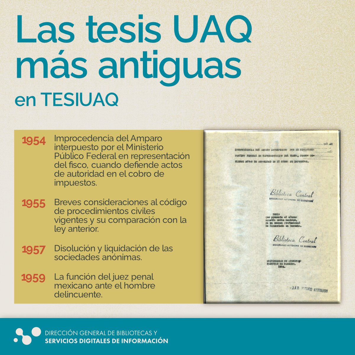 #Servicios | 🔎📜¿Sabías que dentro de #TESIUAQ podrás encontrar tesis publicadas en la década de los 50´s?
Consulta aquí: ri-ng.uaq.mx/handle/1234567…

#DGBSDIuaq #UAQ #BibliotecasUAQ #libraries #Querétaro #libros #tesis