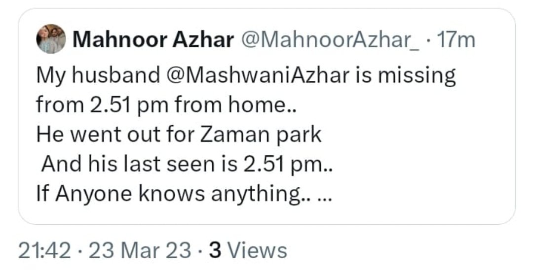 umpirezee's tweet photo. Another PTI worker is missing!

@PSCAsafecities @ccpolahore
must give answers on his whereabouts!

Cc: @MahnoorAzhar_

#ReleaseAzharMashwani https://t.co/ALO2UscxIk
