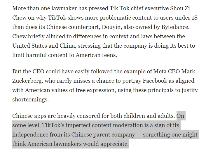 WillOremus's tweet photo. I wrote about the odd sight of American lawmakers grilling TikTok's CEO on why he can't moderate content more like his Chinese counterparts -- and TikTok's CEO missing a chance to turn that question around on them. Live updates here: https://t.co/ikXMcHiZVg https://t.co/dpCapmq04Z