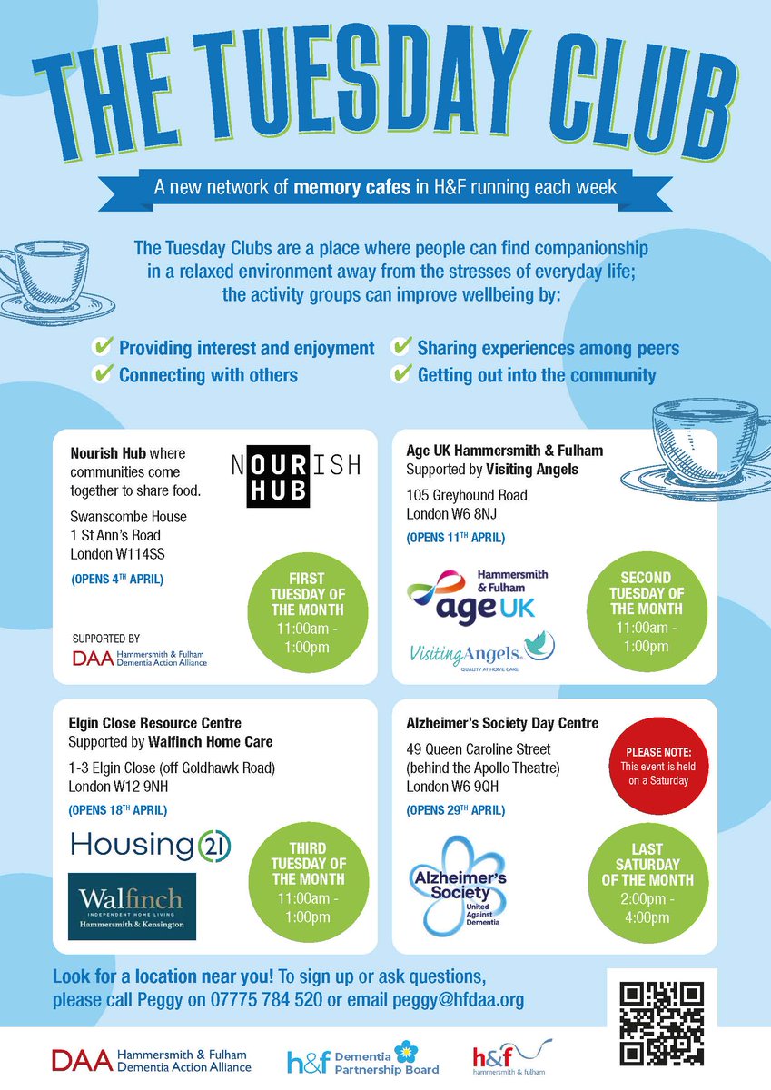 Our new Tuesday Club ‘Memory cafes’ offer people living with dementia, their friends, families &amp; carers a place to meet up, share experiences and get information in a relaxed  environment.

Starting in April, a memory cafe will be taking place every week across H&amp;F.
