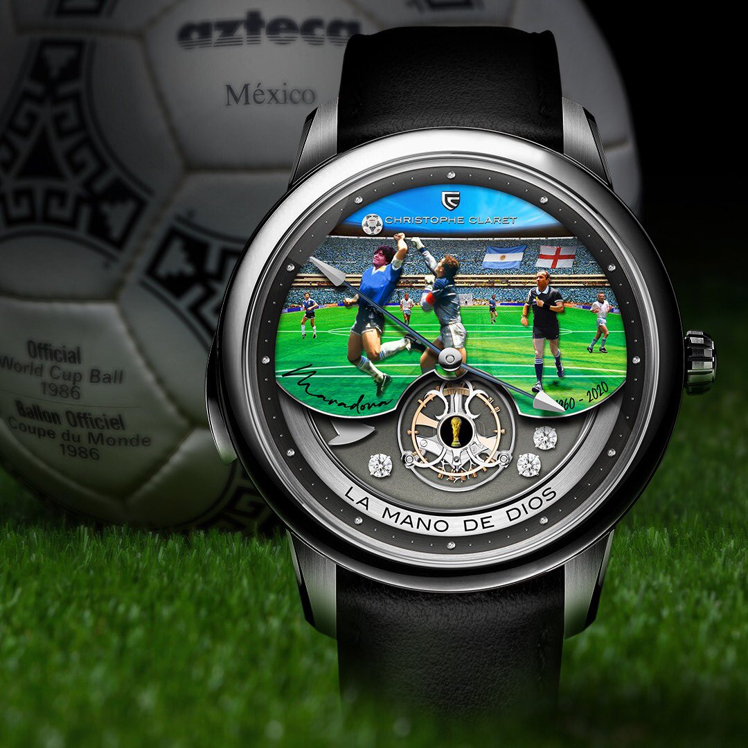 #ChristopheClaret is proud to reveal the Unique Piece #MARADONA. 
Create according to the wishes of our client, the Maradona is a #westminster flying #tourbillon minute repeater provided with a 4 jacquamart automatons featuring Maradona scoring a mythical goal "the hand of God".