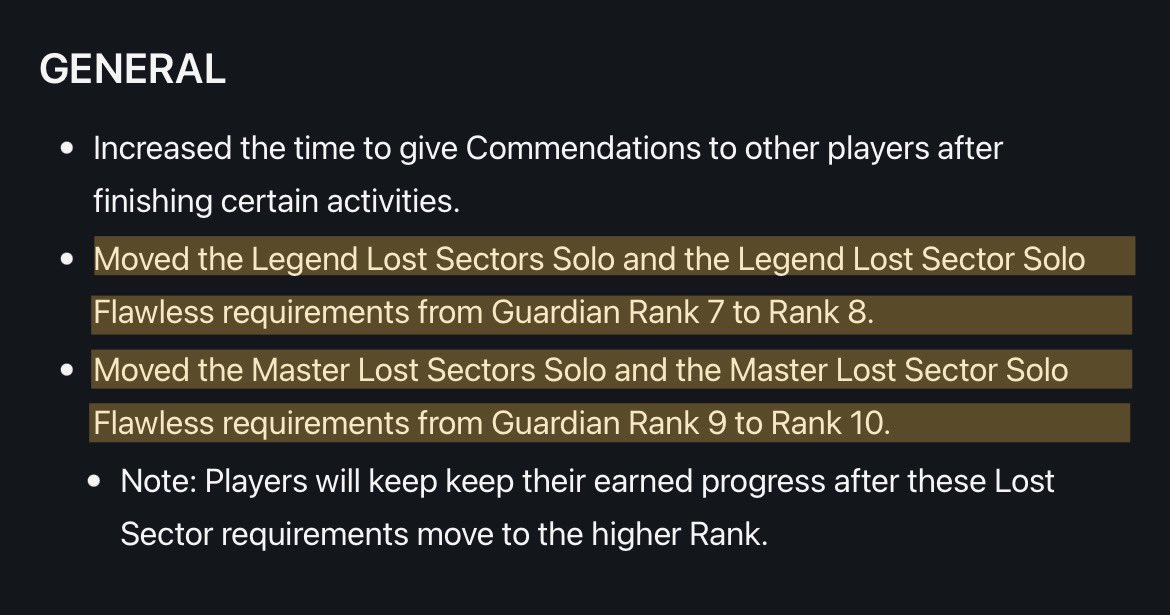 Destiny Director on Twitter "Lost Sector Guardian Rank Changes from Hotfix 7.0.0.6 🏆 Moved the