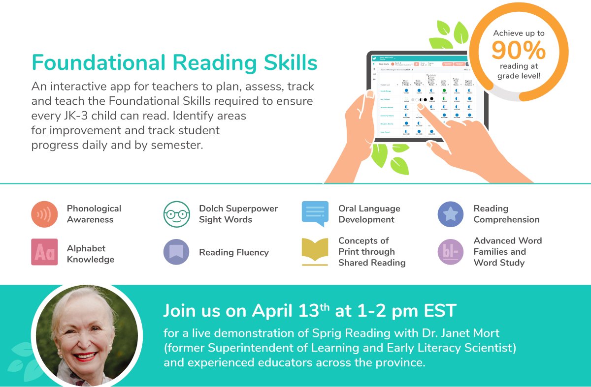 SprigLearning's tweet photo. Backed by evidence-based literacy practices, Sprig Reading provides data you need to ensure all students are on track to reading at-grade level. Join early literacy scientist, Dr. Janet Mort and other experienced educators for a live webinar. Register now>https://t.co/25smkav4DE https://t.co/4UK25zER6j