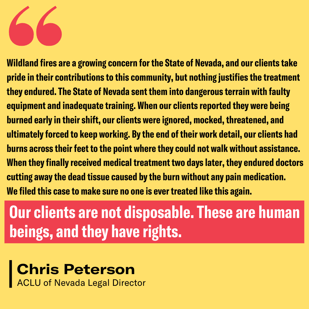 ACLUNV's tweet image. Incarcerated firefighters deserve safety and respect - we're suing! #Filed 

More about the case ➡️ loom.ly/pOY4azY
Full press release ➡️ loom.ly/cQFa2c8