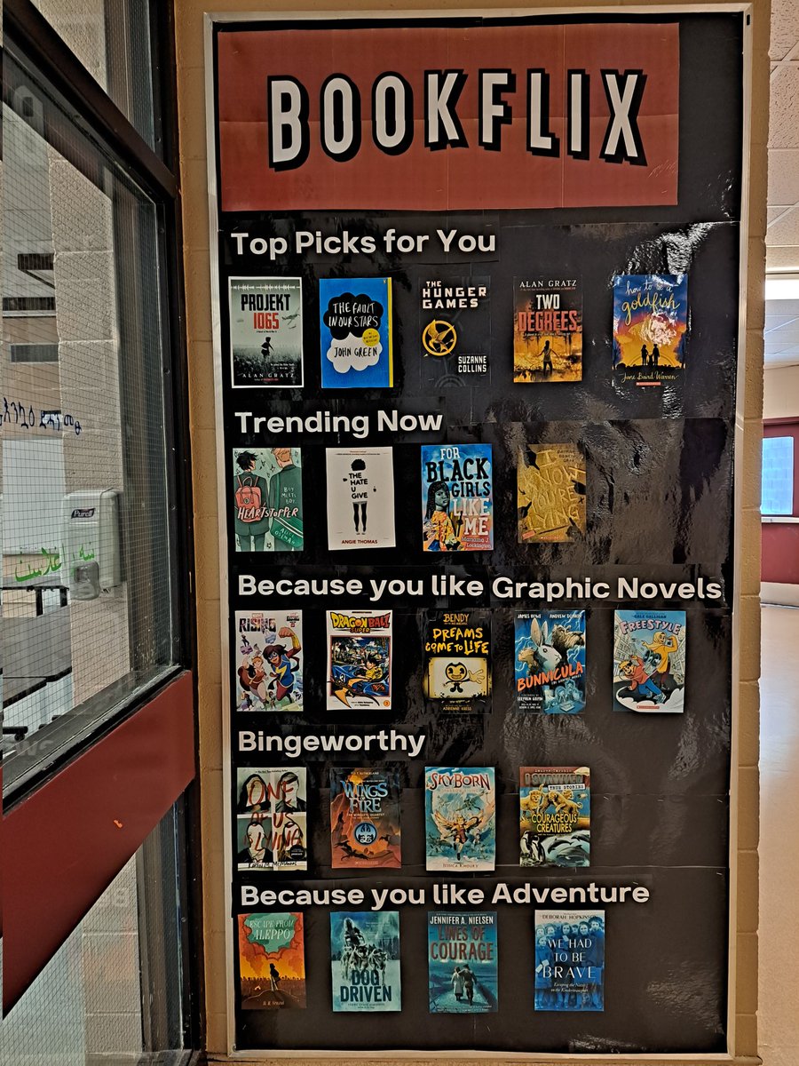 BethPowerTL's tweet photo. March bulletin board. #bookflix @mdjh @TeacherLibNL @canva @pixlr @rasterbator_net https://t.co/lOPHdHd0yw