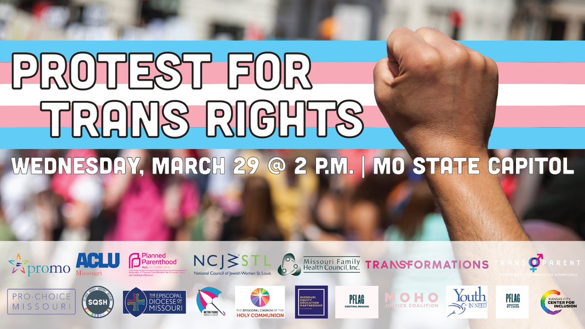 PROMOMissouri's tweet photo. THIS FIGHT IS FAR FROM OVER — In response to the Senate's passage of SB 49, today, we ask all LGBTQ+ Missourians and allies to come to the Missouri State Capitol on Wednesday, March 29 at 2 p.m. for the “Protest for Trans Rights.” https://t.co/gGsyItortj