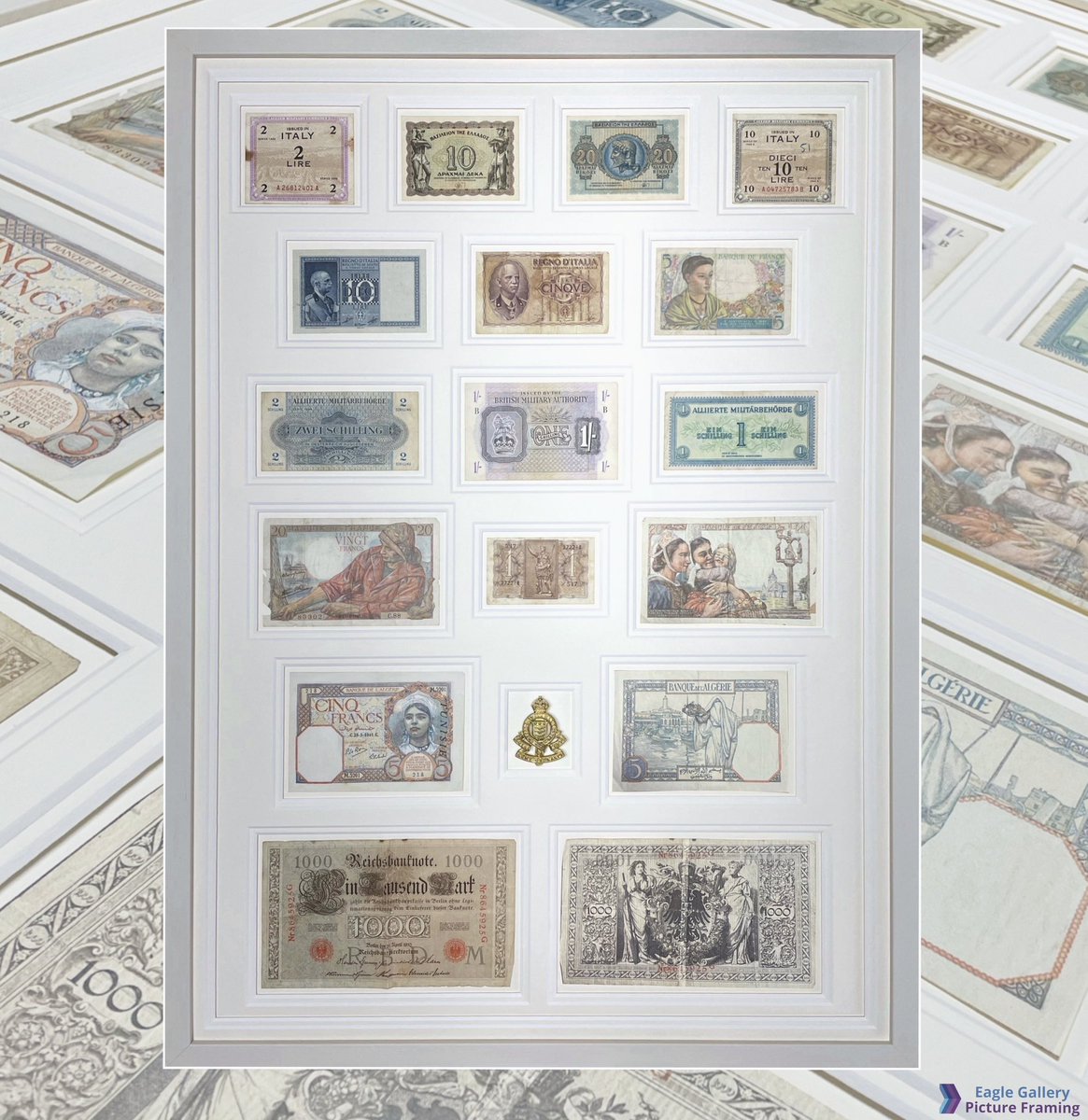 EagleFramers's tweet photo. Beautiful collection of foreign currency, including military issued notes and a military cap badge… this was a very sentimental piece for our customer and an honour to do #customframing #customframed #pictureframer #3dframing #shadowbox #shadowboxframe #carshalton #wallington https://t.co/PTADB2mOXC