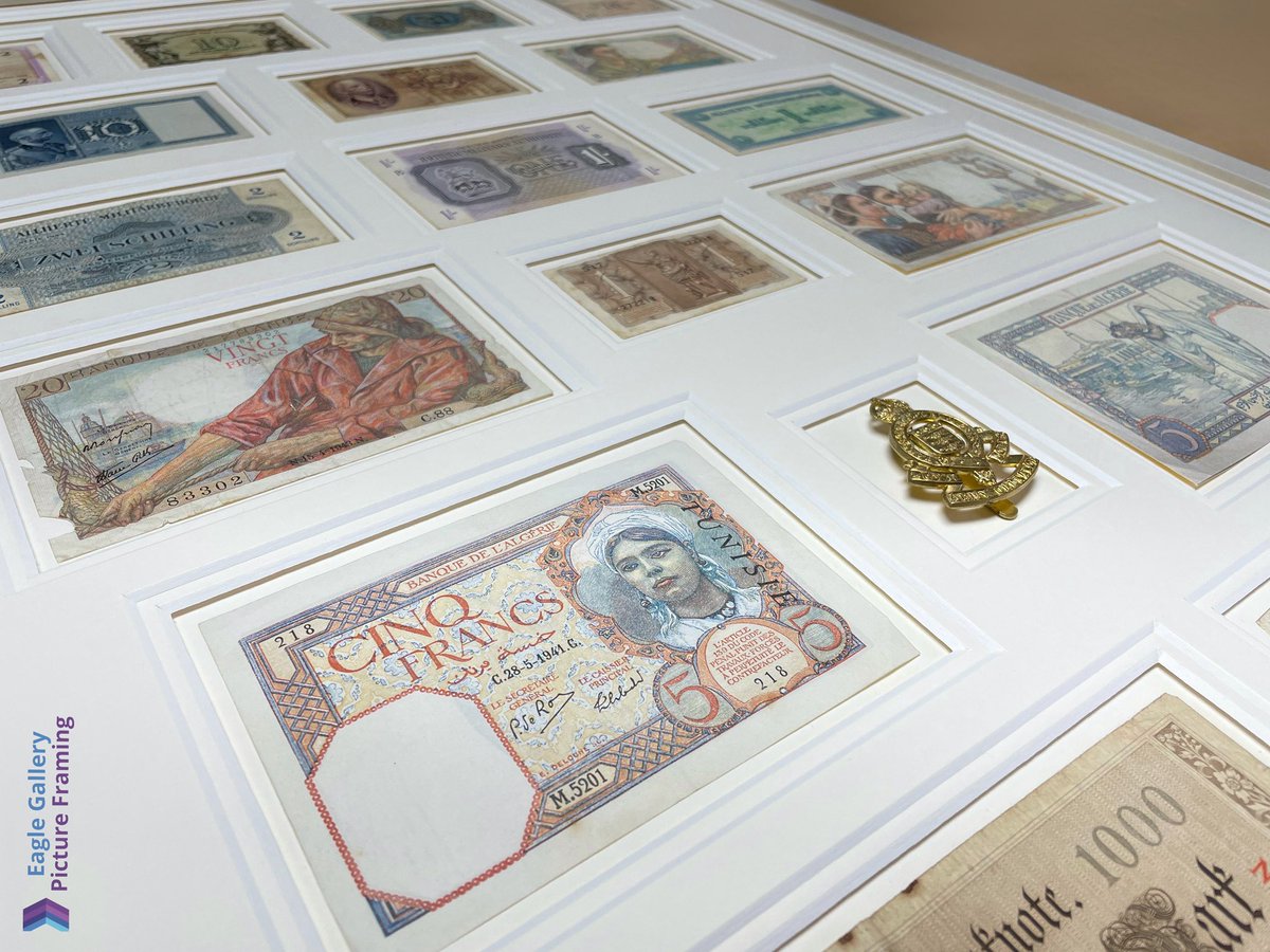EagleFramers's tweet photo. Beautiful collection of foreign currency, including military issued notes and a military cap badge… this was a very sentimental piece for our customer and an honour to do #customframing #customframed #pictureframer #3dframing #shadowbox #shadowboxframe #carshalton #wallington https://t.co/PTADB2mOXC
