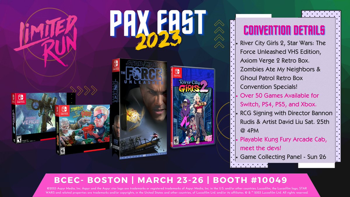 We're so excited to be here at #PAXEast!

Come say hi to us at booth #10049! We've got 50+ games for you, including special variants of River City Girls 2, Axiom Verge 2, ZAMN &amp; STAR WARS: The Force Unleashed!

See what else we have planned this weekend: bit.ly/3lidN8G