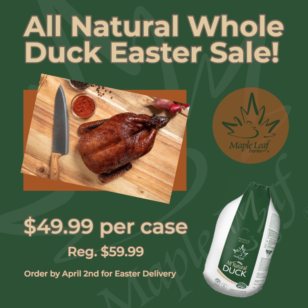 Just in time for Easter, our All Natural Whole Duck is ON SALE! Receive two Premium Whole Ducks and save $10.00. Order by April 2nd to ensure delivery in time for a delicious Easter dinner. 🦆

Check out our sale here 👇 bit.ly/3JAifI2