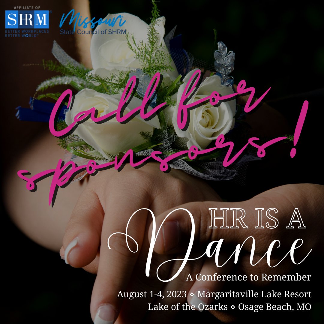 Interested in sponsoring #MOSHRM23? Expand your reach to HR Professionals and Business Leaders from all over #Missouri! Multiple options to fit your budget. Sign up today at l8r.it/JU4w.

#MOSHRM #hrisadance #conference #HRpros #businessleaders #sponsor #sponsorship