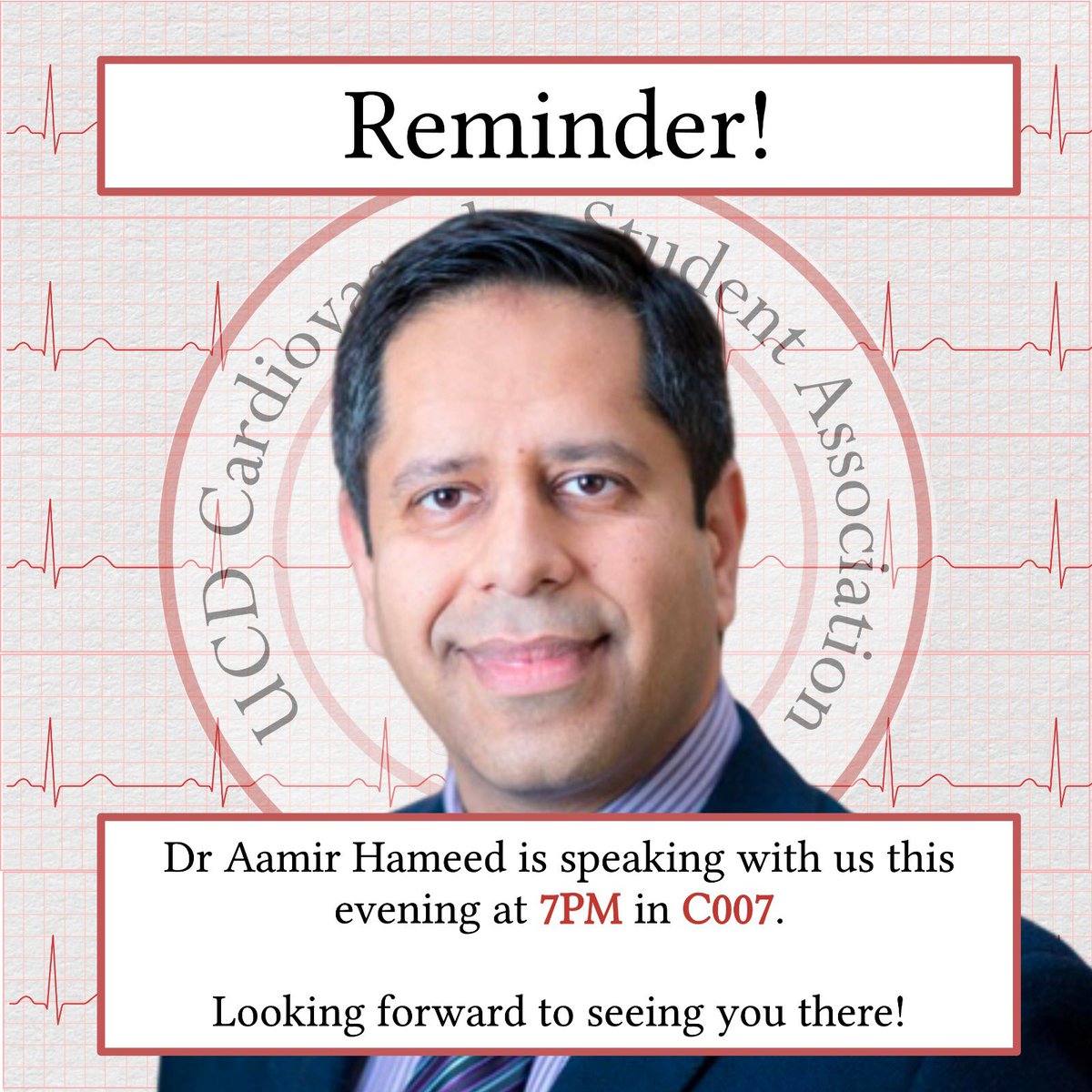 UCDCVSA's tweet photo. 🚨Final reminder for our first CVSA talk this evening with @DrAamirHameed, we’d love to see you there! 🫀 https://t.co/wow2wJqBOo