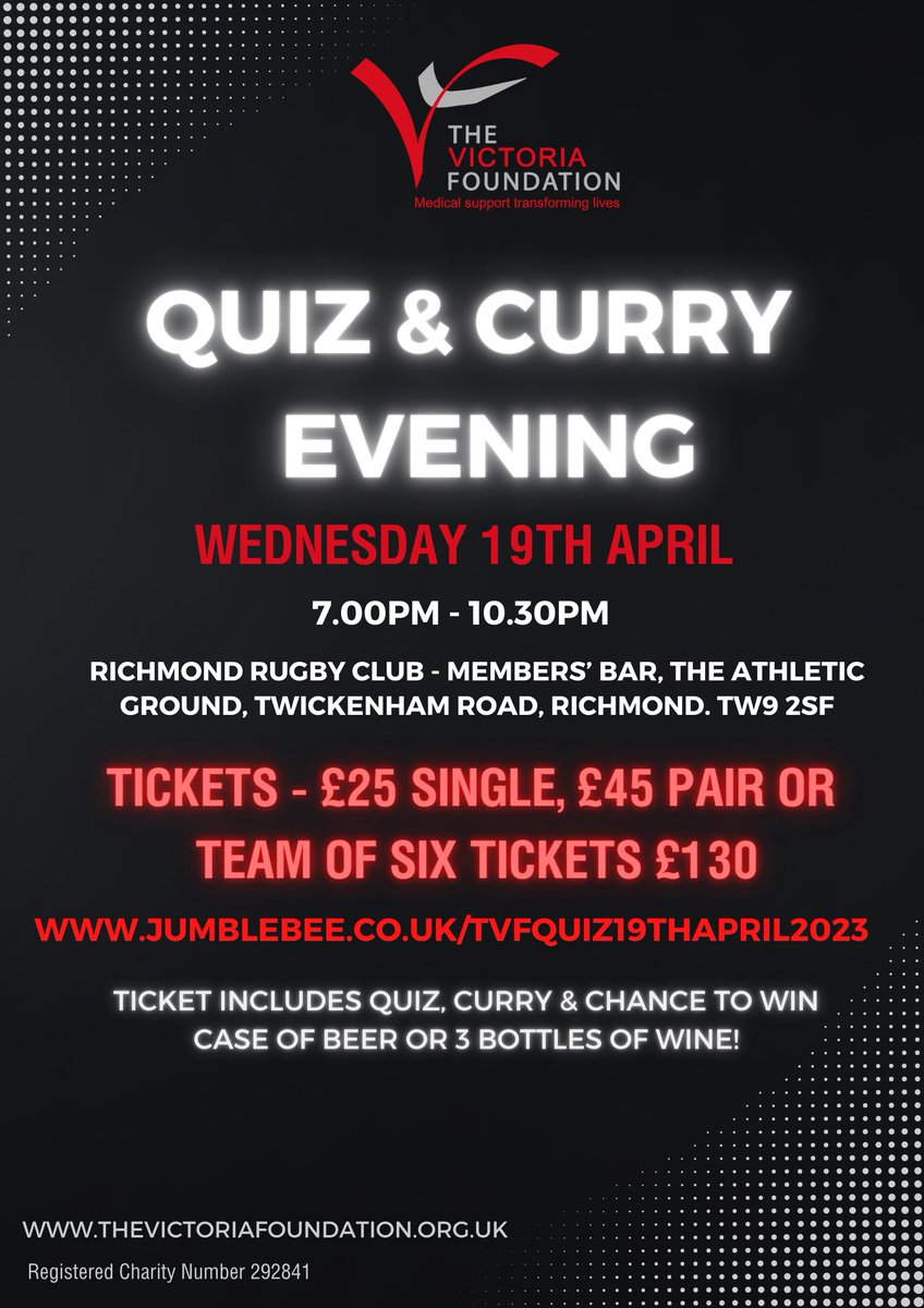 Don's miss TVF's Annual Charity Quiz and Curry Evening on Wednesday 19th April.
You'll enjoy  a fantastic evening while helping to raise funds to medical support and equipment to those in such great need. 
BOOK NOW jumblebee.co.uk/TVFQUIZ19thAPR…
#givingback #charityquiz #charityquizzers