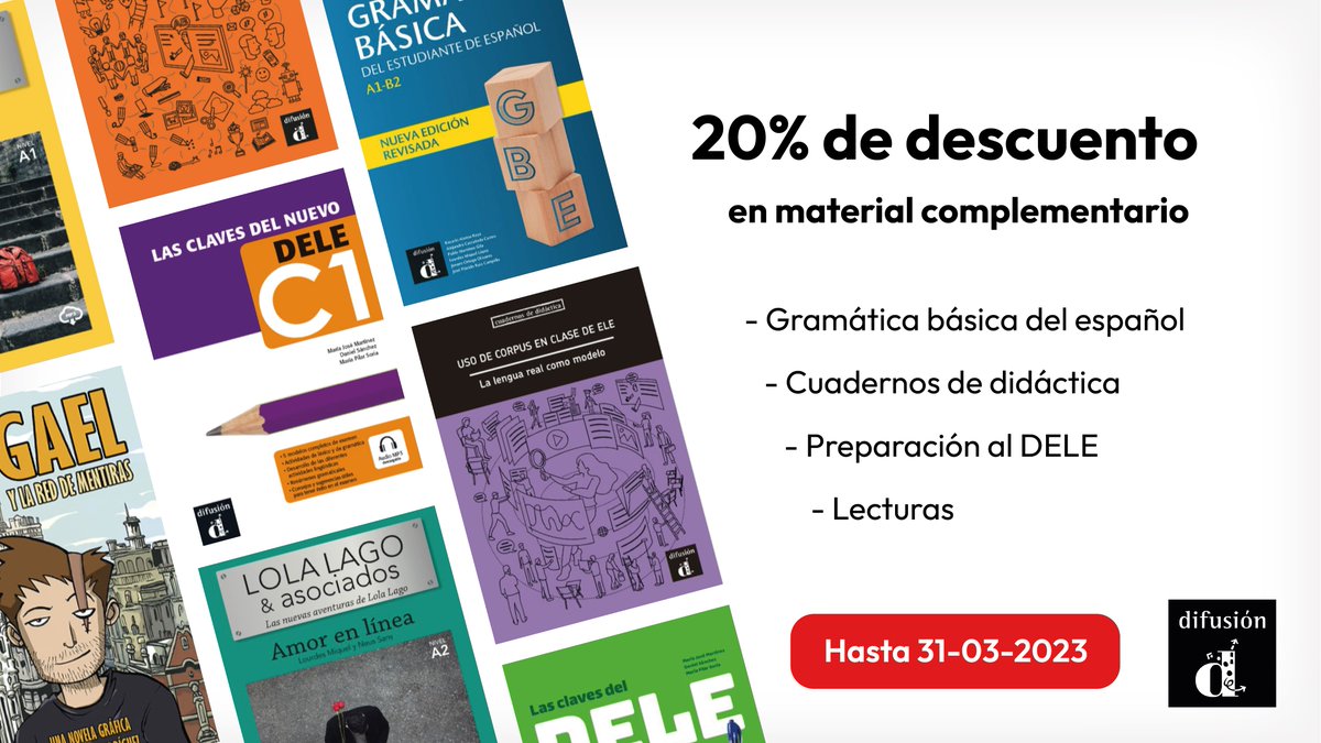 difusion_ele's tweet photo. 📢 ¡Aprovecha la promoción de marzo!
Obtén un 2️⃣0️⃣% DE DESCUENTO en material complementario.
🗓️ Hasta el 31-03-23
✅ Descuentos ya aplicados en nuestra web
➡️Link: https://t.co/lyXEBvqJ9w
#ELE
#yoenseñoespañol
#RecursosELE
#MaterialesELE
#ComunidadDifusión https://t.co/zXMAFlZs79
