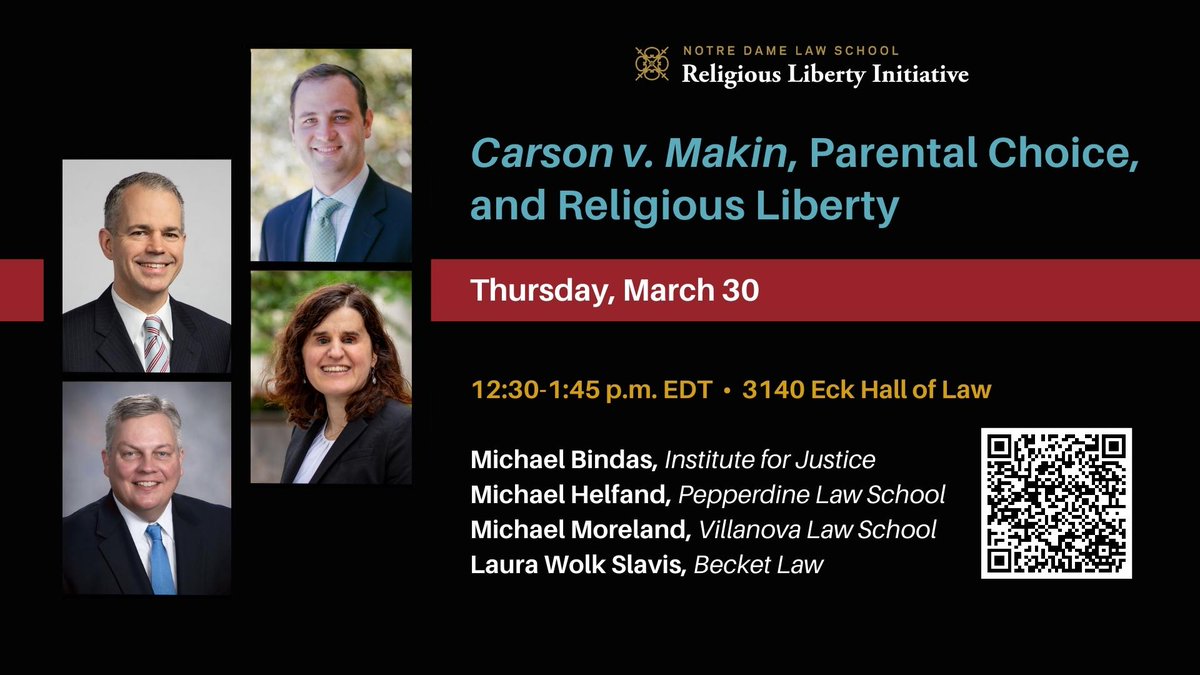 NDLawRLC's tweet photo. Next Thursday, March 30th at @NDLaw we'll host "#CarsonvMakin, Parental Choice, &amp; Religious Liberty," a panel discussion ft. @MAHelfand, @MorelandMP, @BECKETlaw's Laura Slavis, &amp; @IJ's Michael Bindas, moderated by @nsgarnett.

See more details here: https://t.co/rcfeNOUAHc https://t.co/FShdviH2OS